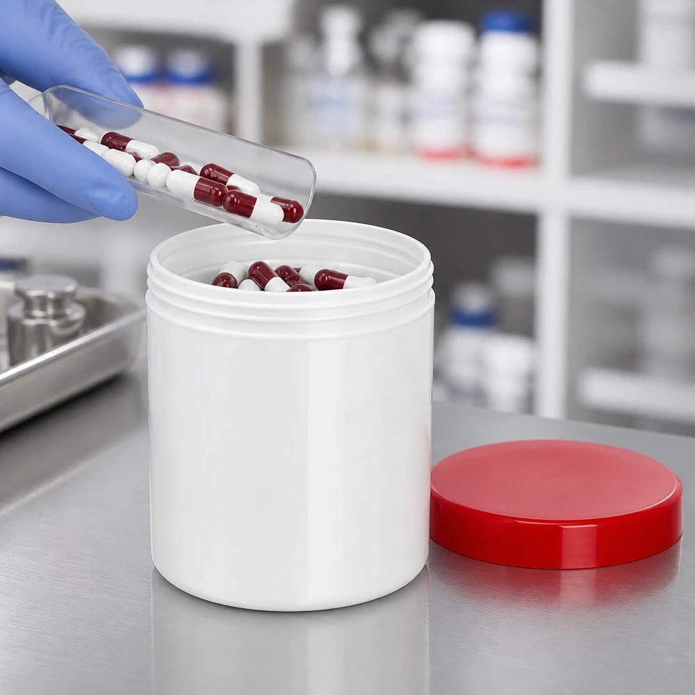 Salbenkruke 200g weiß mit rotem Schraubdeckel (Polypropylen) Salbenkruke 200g weiß PP mit rotem Schraubdeckel für pharmazeutische Abfüllung im Labor