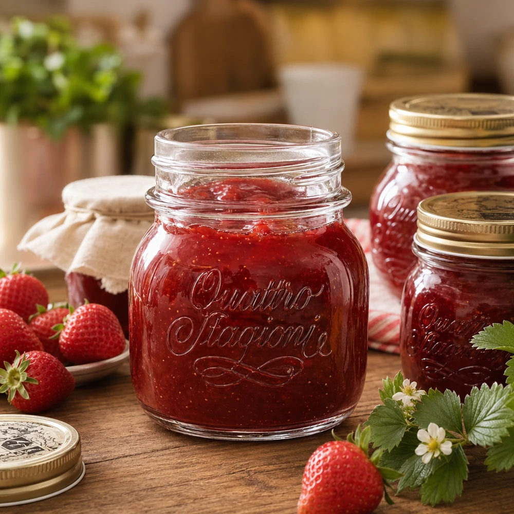 150ml Rundglas "Quattro Stagioni" QS56mm Quattro Stagioni 150ml Haushaltsglas mit Erdbeermarmelade gefüllt neben frischen Erdbeeren auf Holztisch