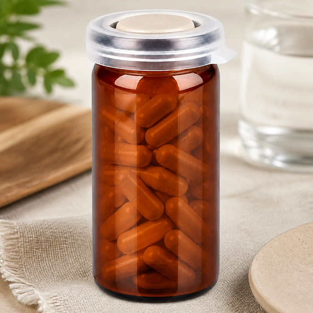 Braunes Rollrandglas 10ml mit Schnappdeckel gefüllt mit Kapseln professionelle Pharmaverpackung