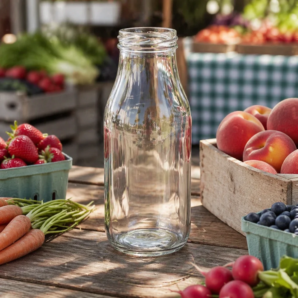 Glasflasche UNiTWIST 263ml TO43 Gewinde für professionelle Anwendung im Lebensmittelbereich auf Holztisch mit Obst