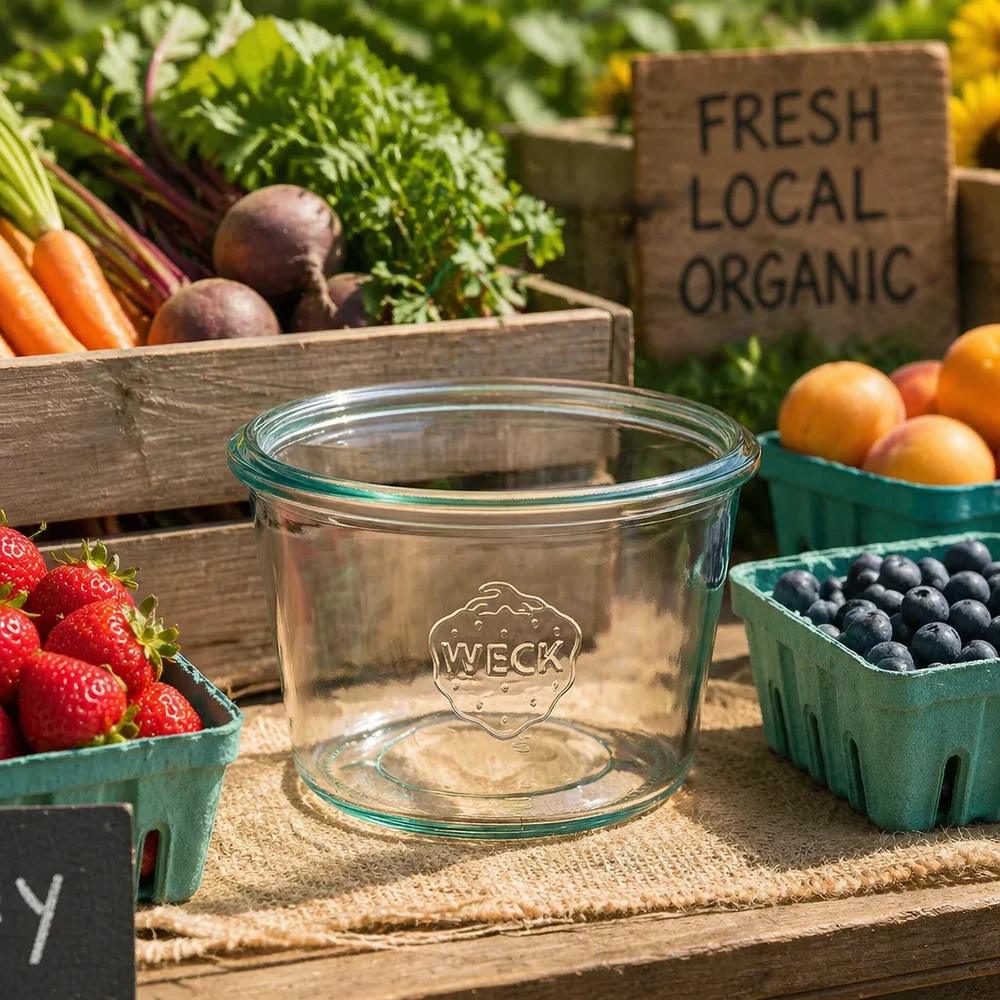 WECK Sturzglas 370ml RR100 auf Holztisch mit frischen Bio-Früchten Erdbeeren Heidelbeeren und Gemüse