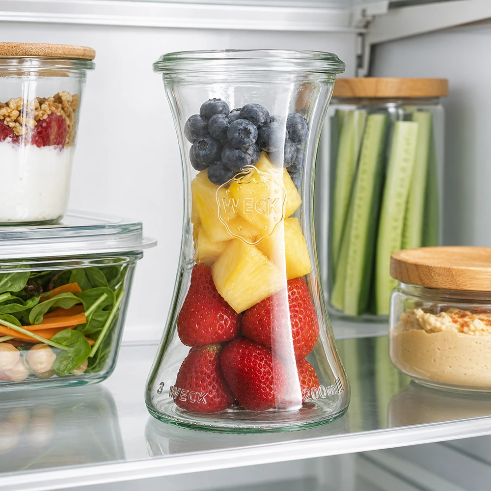 WECK RR60 Delikatessenglas 200ml mit frischen Früchten im Kühlschrank neben Meal-Prep Vorratsgläsern mit Salat