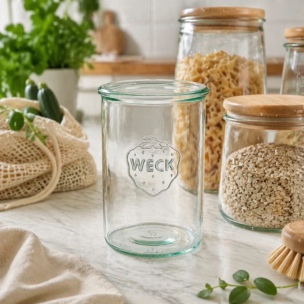 WECK Sturzglas 1000ml RR100 aus Glas mit Logo in nachhaltiger Küche mit Vorratsgläsern und Bio-Lebensmitteln