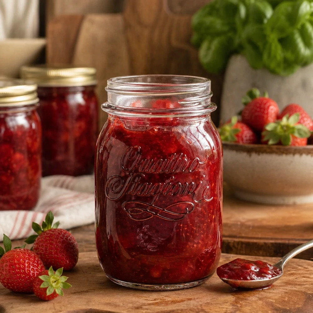 500ml Rundglas "Quattro Stagioni" QS70mm 500ml Quattro Stagioni Haushaltsglas mit Erdbeermarmelade gefüllt auf Holztisch mit frischen Erdbeeren
