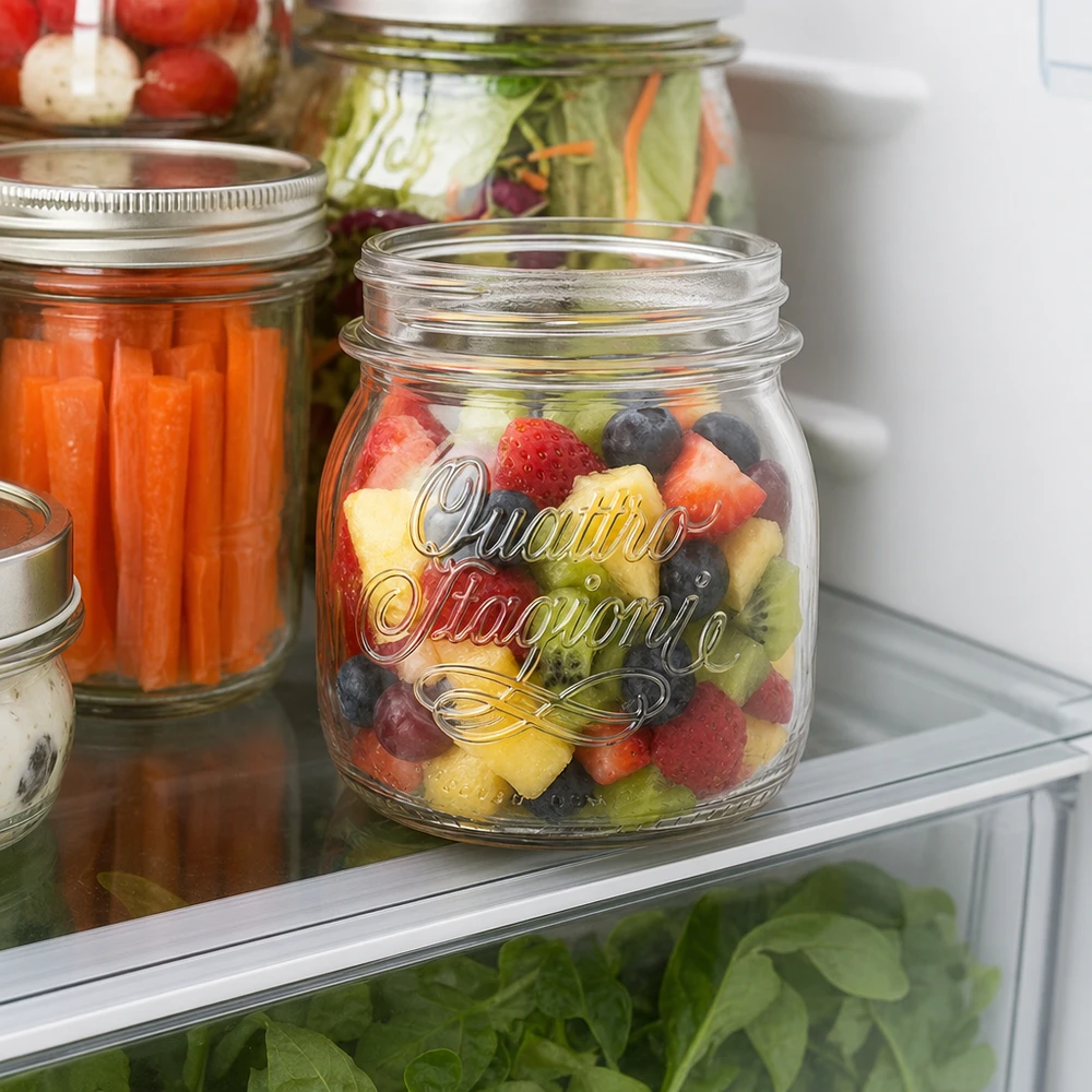 250ml Quattro Stagioni Haushaltsglas mit Früchten gefüllt im Kühlschrank für professionelle Lebensmittelaufbewahrung