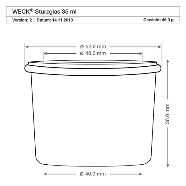 35ml Sturzglas WECK RR40 Technische Zeichnung WECK Sturzglas 35ml RR40 mit Maßangaben, Durchmesser 40mm und 52mm, Höhe 36mm, Gewicht 45g