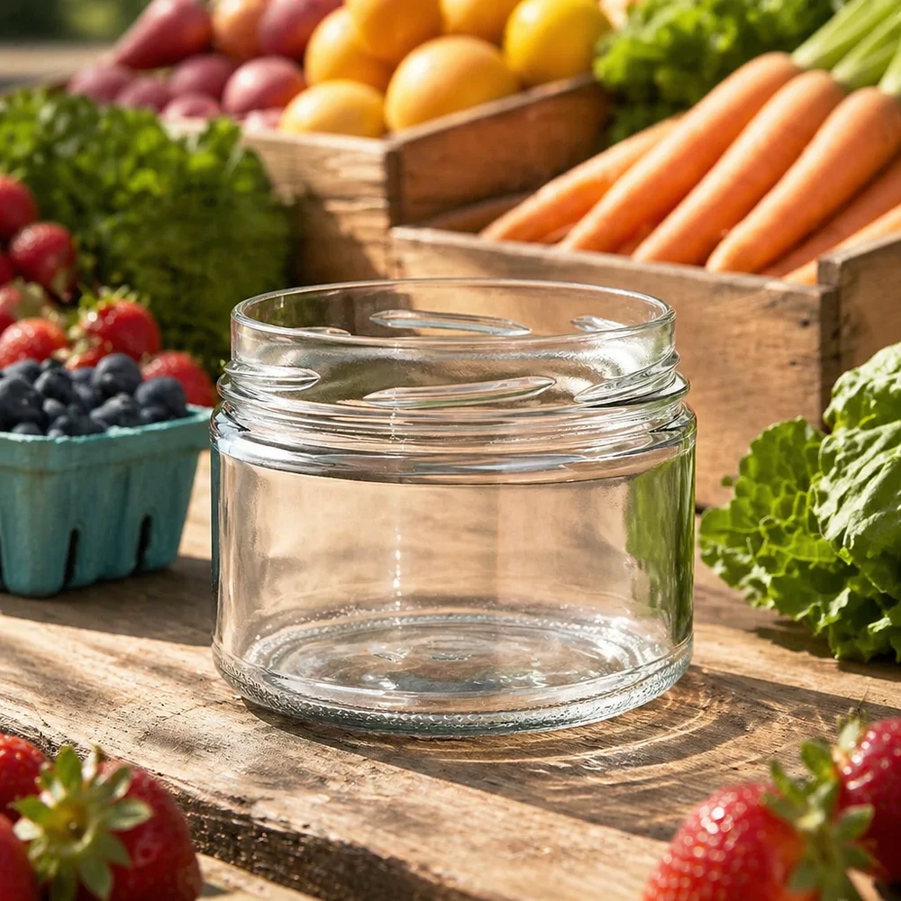 Leeres UNiTWIST Runda540 Sturzglas 540ml TO100 auf Holztisch mit frischem Obst und Gemüse im Hintergrund