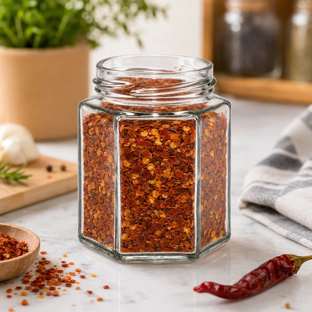 UNiTWIST Hexa196 sechseckiges Gewürzglas 196ml mit Chili-Flocken gefüllt auf Küchenarbeitsplatte