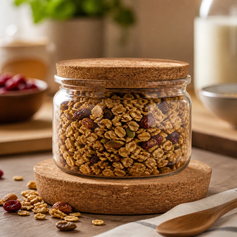 WECK RR100 Korken Anwendung Müsli-Vorratsglas mit Nüssen Trockenfrüchten luftdichte Lagerung Korkdeckel 94mm