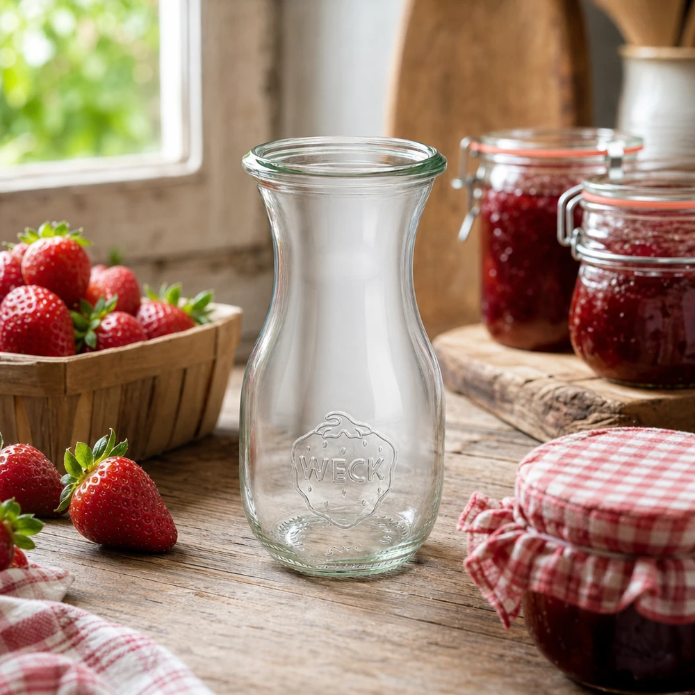 290ml Saftflasche WECK RR60 WECK Saftflasche 290ml RR60 in rustikaler Küche mit frischen Erdbeeren und selbstgemachter Marmelade
