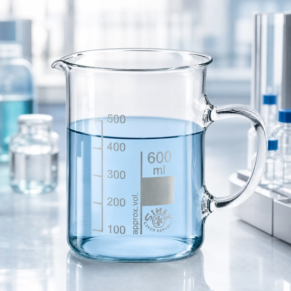 Becherglas 600ml Borosilikatglas, mit Henkel Becherglas 600 ml aus Borosilikatglas mit Henkel für professionellen Laboreinsatz von Simax