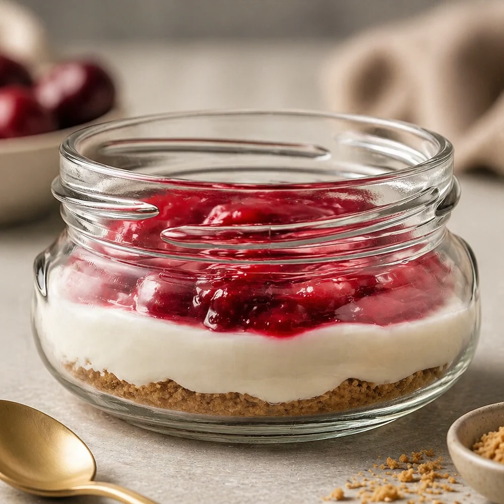 UNiTWIST Terrina120 Terrinenglas 120ml mit Dessert gefüllt - rote Fruchtschicht auf weißer Creme und Keksboden