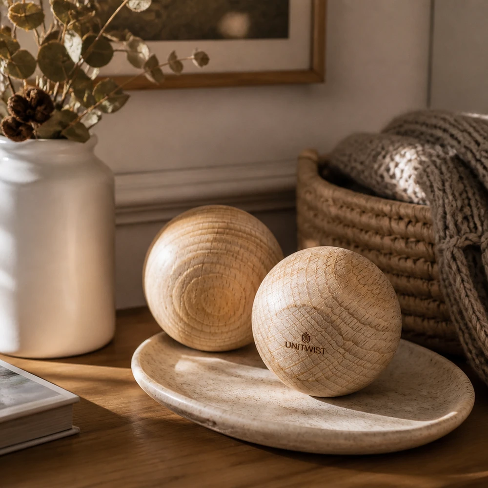 UNiTWIST Holzkugel (Buche) für WECK RR60 UNiTWIST Holzkugel Buche WECK RR60 auf Holzschale dekorativ arrangiert mit Keramikvase und Strickware Wohnaccessoire