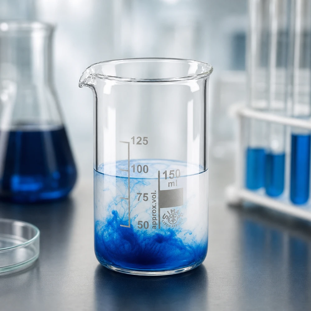 Becherglas 150ml Borosilikatglas, hohe Form Becherglas 150ml hohe Form Borosilikatglas mit blauer Lösung im Labor für professionellen Einsatz