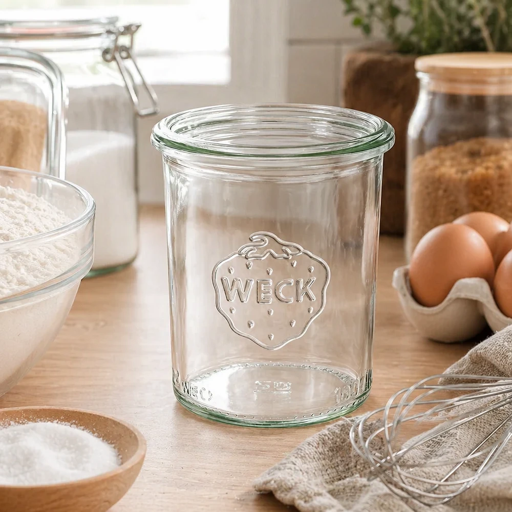 160ml WECK Sturzglas RR60 aus klarem Glas mit Logo in moderner Küche neben Eiern und Backzutaten