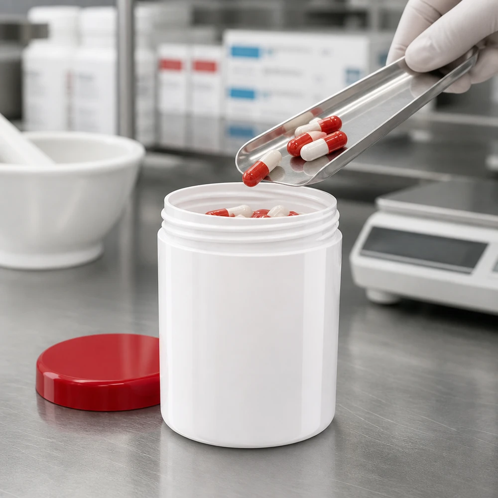 Salbenkruke 50g weiß mit rotem Schraubdeckel (Polypropylen) Salbenkruke 50g aus PP in Weiß mit rotem Schraubdeckel für pharmazeutischen und gewerblichen Einsatz