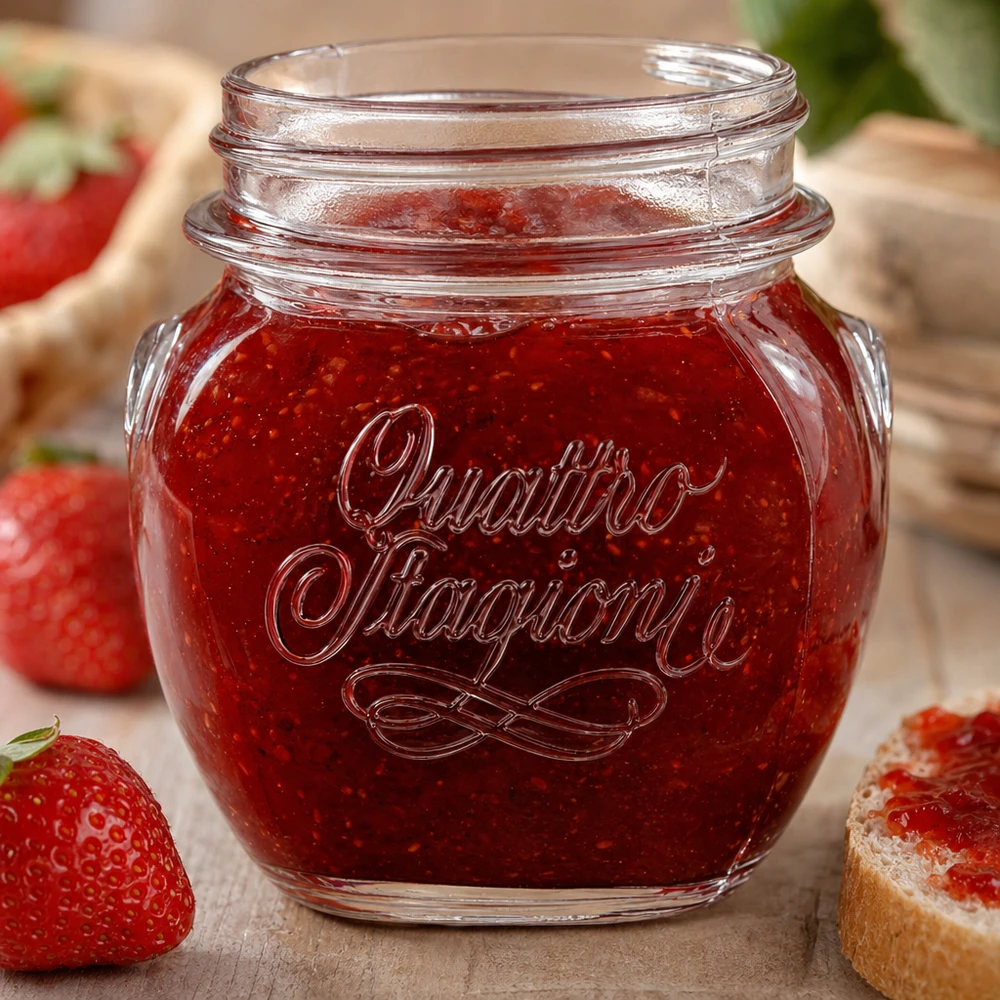 300ml Rundglas "Quattro Stagioni" QS70mm 300ml Quattro Stagioni Haushaltsglas mit Erdbeermarmelade gefüllt neben frischen Erdbeeren und Brot auf Holztisch