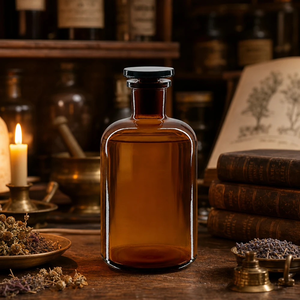 Rundschulterfl. 500ml braun Enghals Glasstopfen Rundschulterflasche 500ml Braunglas Enghals mit Glasstopfen für Labor Apotheke Chemie