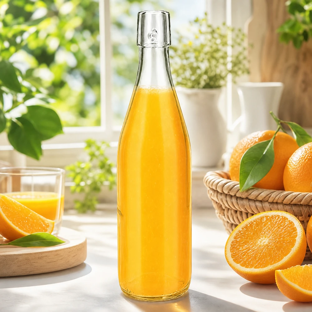 500ml Glasflasche ohne Bügelverschluss UNiTWIST® 500ml UNiTWIST Glasflasche mit Orangensaft befüllt auf Fensterbank mit frischen Orangen als Gastronomie-Anwendung