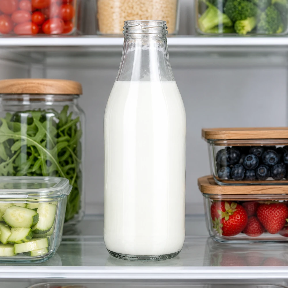 1000ml Glasflasche TO48 UNiTWIST mit Milch gefüllt im Kühlschrank neben Lebensmittelbehältern professionelle Lagerung