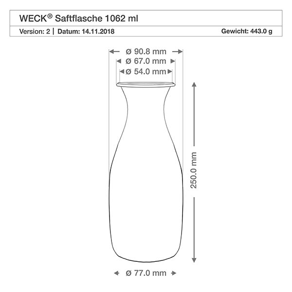 1062ml Saftflasche WECK RR60 WECK Saftflasche 1062ml RR60 technische Zeichnung mit Maßangaben Durchmesser Höhe Gewicht für Gewerbekunden