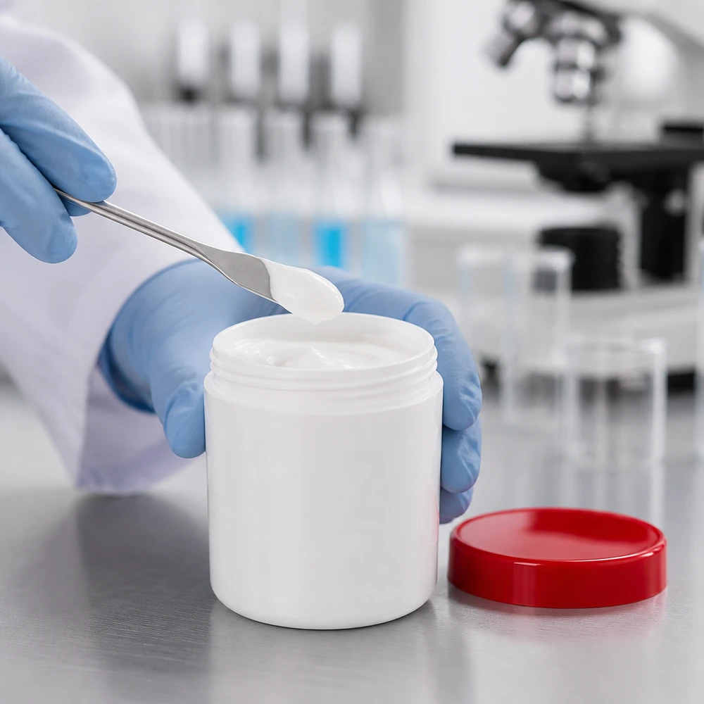 Salbenkruke 50g weiß PP-Kunststoff roter Schraubdeckel Labor Apotheke professionell