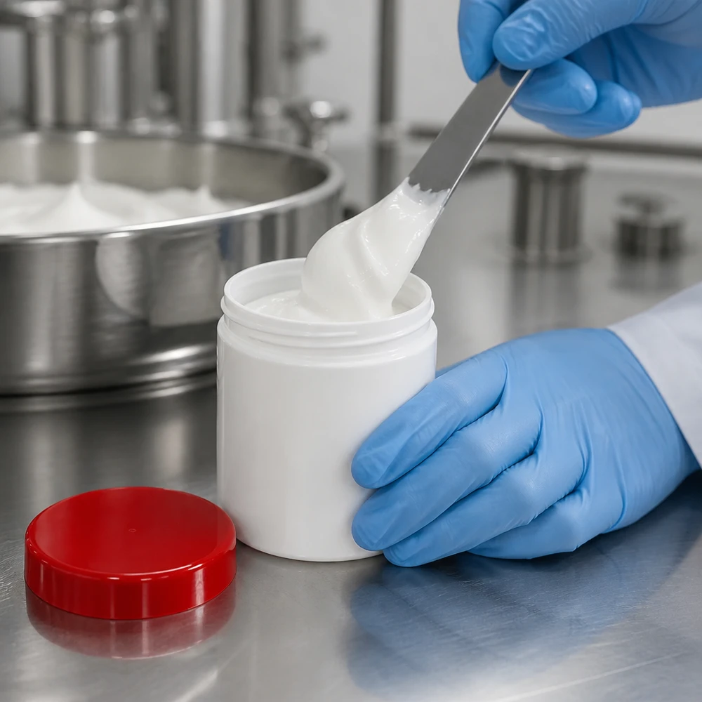 Salbenkruke 75g weiß PP mit rotem Schraubdeckel für pharmazeutische und kosmetische Abfüllung