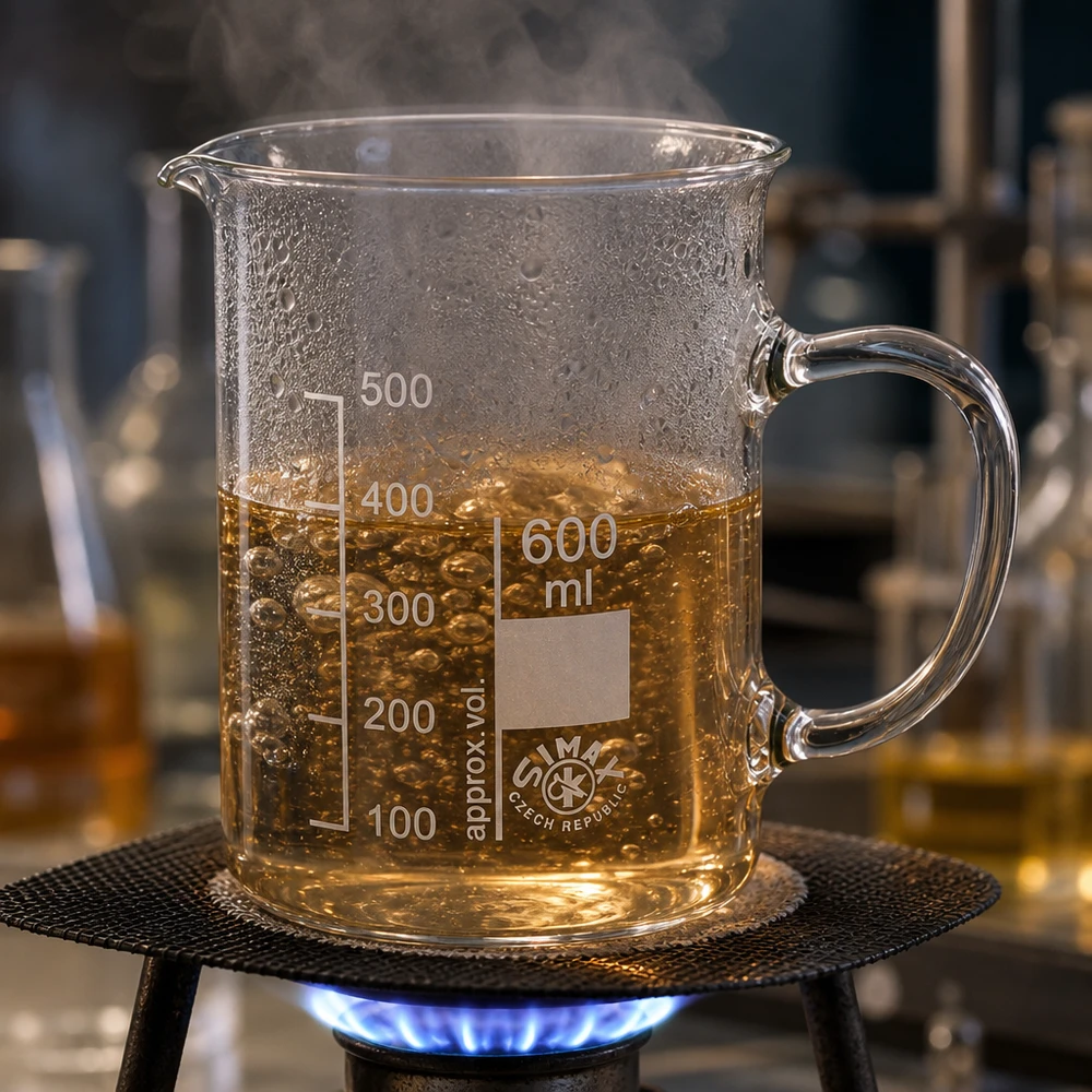 Becherglas 600ml Borosilikatglas, mit Henkel Becherglas 600ml Borosilikatglas mit Henkel auf Bunsenbrenner erhitzt für professionellen Laboreinsatz