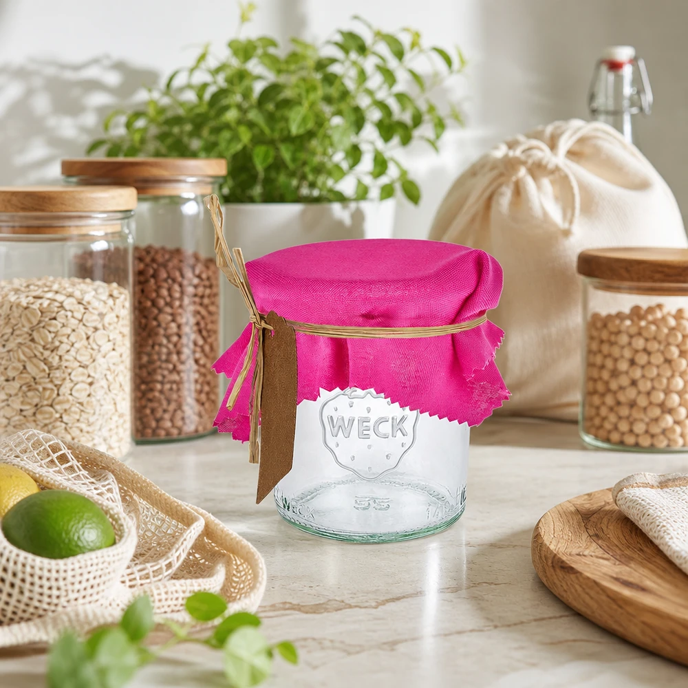 Stoff Schmuckdeckchen pink 12cm eckig Pinkes Stoff Schmuckdeckchen 12cm eckig auf Weckglas in nachhaltiger Zero Waste Küche mit Vorratsgläsern