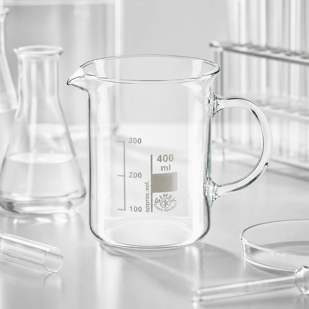 Becherglas 400ml Borosilikatglas mit Henkel für Labor und Gewerbe von Simal Czech Republic