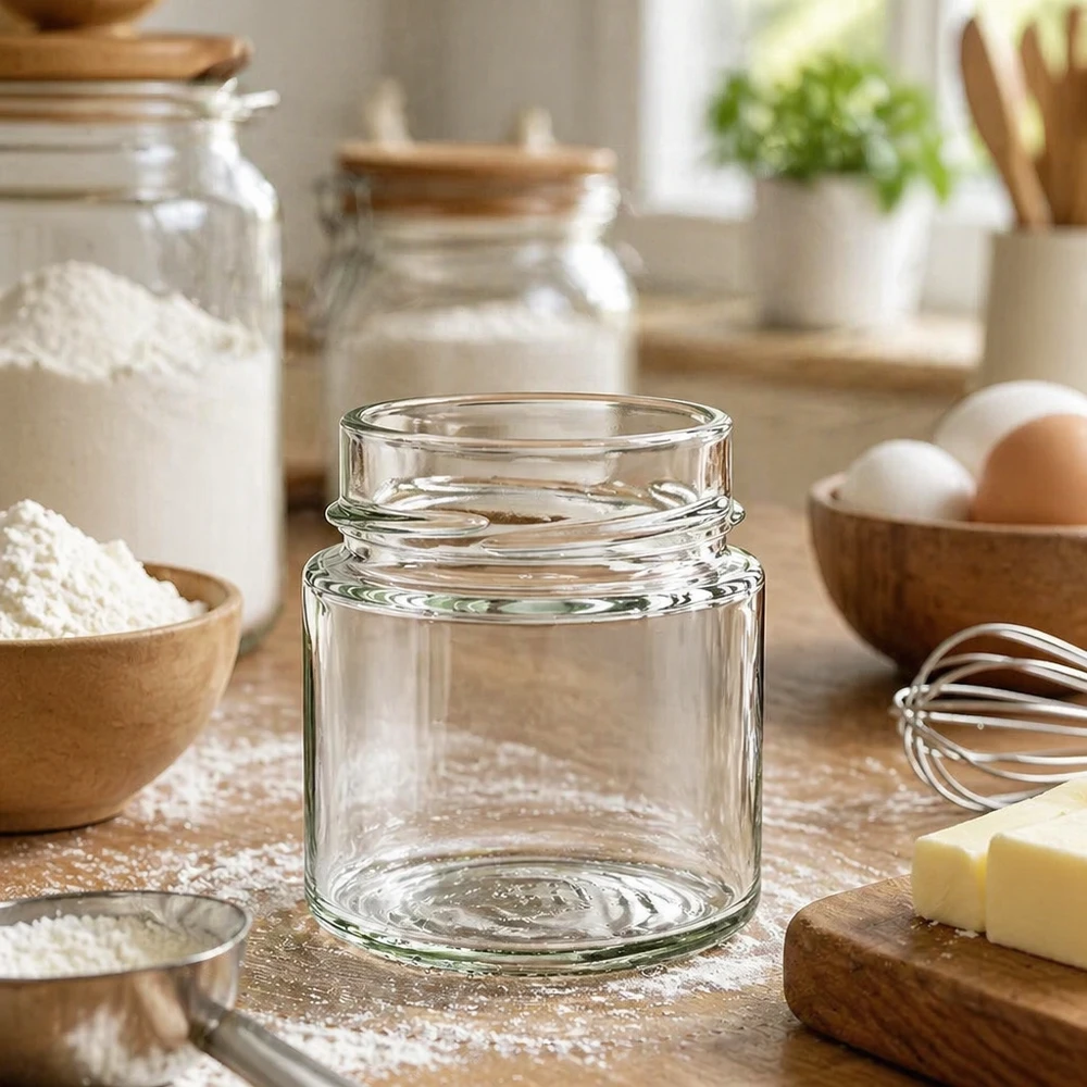 Leeres rundes Einmachglas 135ml UNiTWIST Runda135 TO58deep auf Küchentisch zwischen Backzutaten und Küchenutensilien