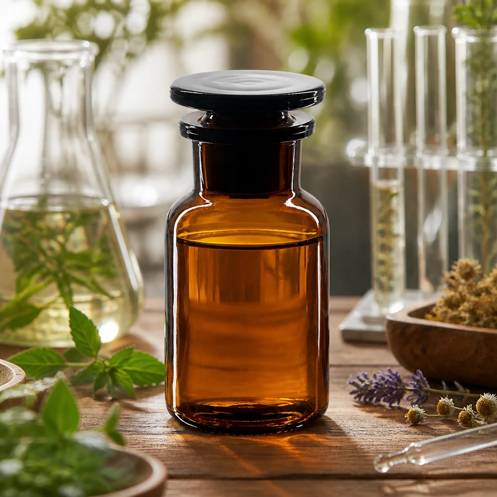 Rundschulterfl. 100ml braun Weithals Glasstopfen Rundschulterflasche 100ml Braunglas Weithals mit Glasstopfen für professionellen Labor- und Pharmaeinsatz