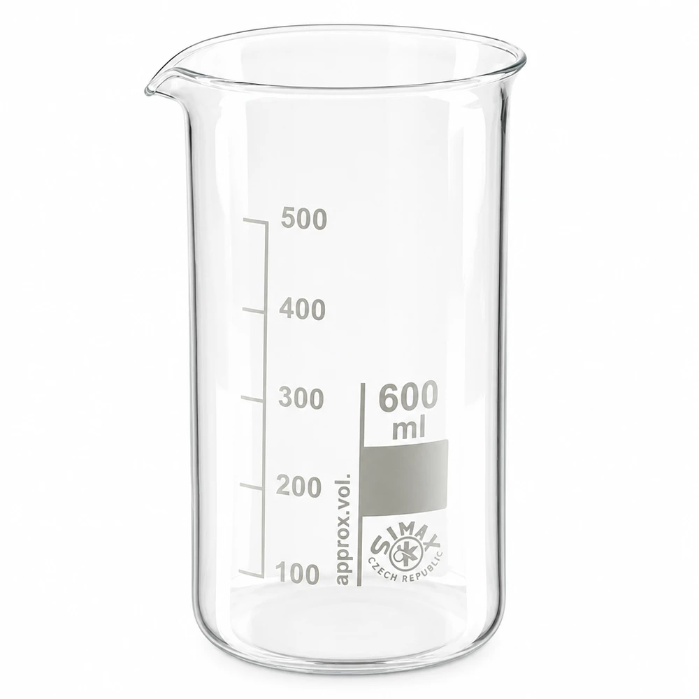 Becherglas 600 ml hohe Form aus Borosilikatglas mit Skala für professionellen Laboreinsatz von Simax