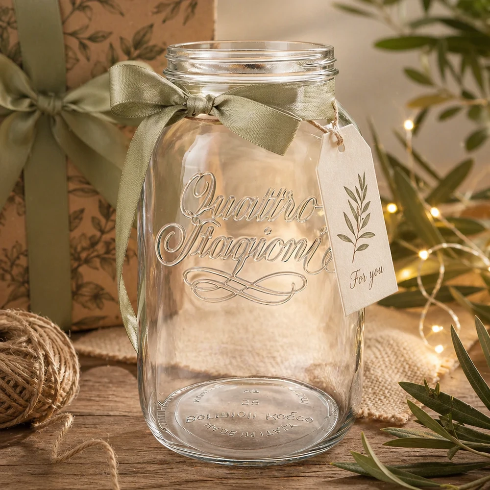 3800ml Rundglas "Quattro Stagioni" QS110mm 3800ml Quattro Stagioni Haushaltsglas mit grüner Schleife und Geschenkanhänger auf rustikalem Holztisch dekoriert