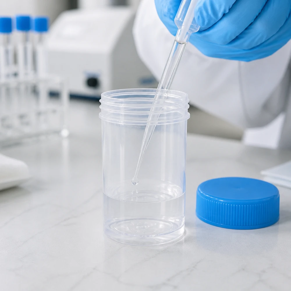 Universal Kunststoffdose (Pathogefäss) 35ml Laborant befüllt 35ml Universal Kunststoffdose Pathogefäß mit Pipette im medizinischen Labor