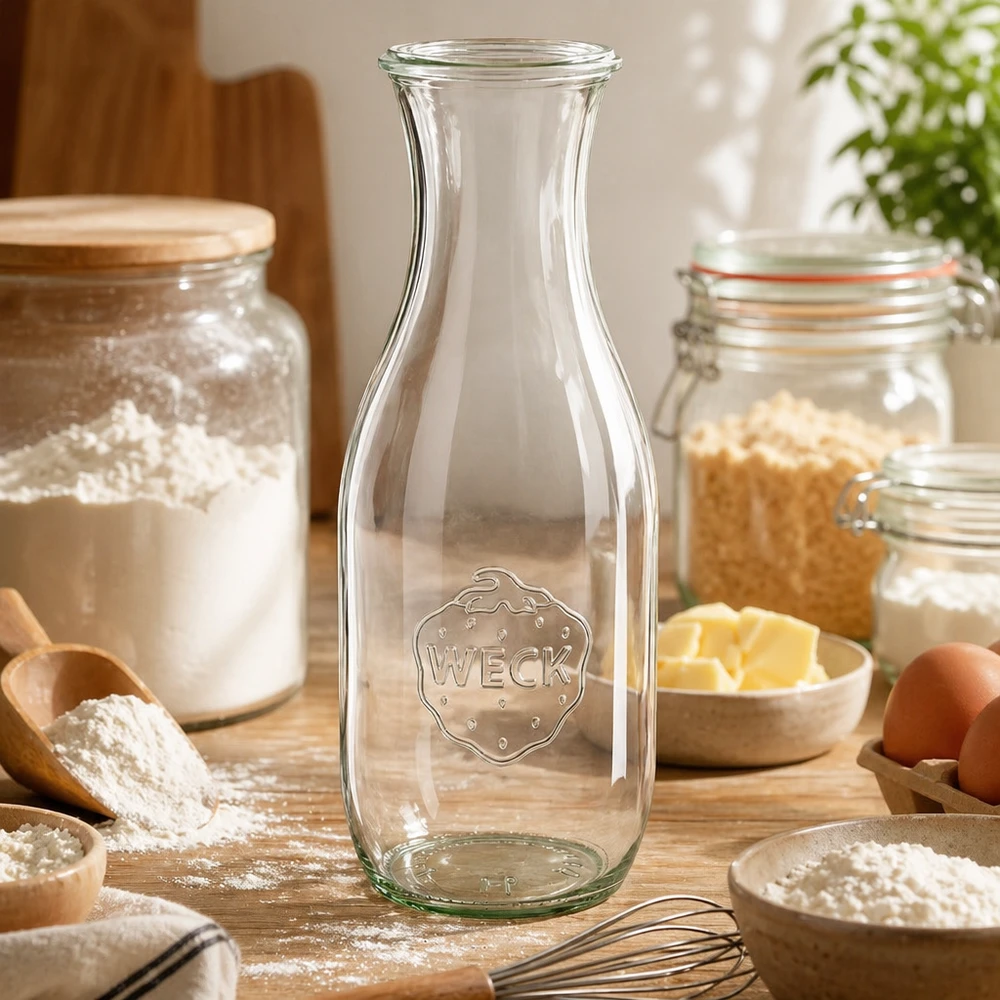 WECK Saftflasche 1062ml RR60 in Backküche mit Mehl Eiern Butter und Backzutaten als vielseitiges Küchengefäß