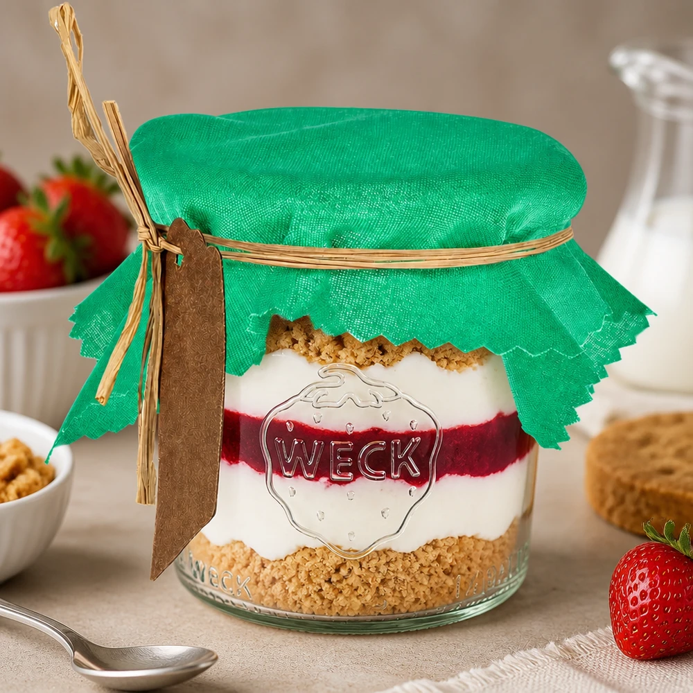Stoff Schmuckdeckchen grün 12cm eckig Grünes Stoff Schmuckdeckchen 12cm eckig auf Dessertglas mit Schichtdessert und frischen Erdbeeren als Tischdeko