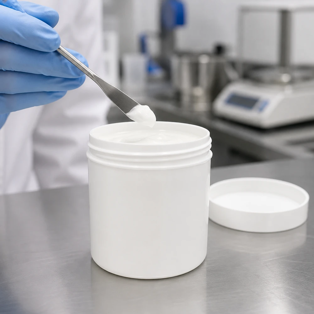 Weiße PP-Salbenkruke 30ml mit Schraubdeckel für professionelle pharmazeutische Abfüllung im Labor