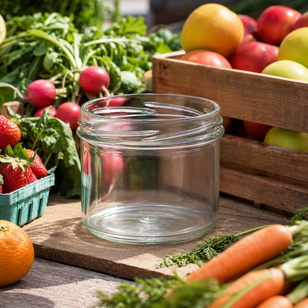 UNiTWIST Sturz225 Sturzglas 225ml TO82 leer auf Holztisch mit frischem Obst und Gemüse für Einkochen und Konservieren