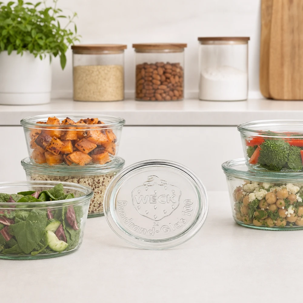 WECK Glasdeckel RR100 WECK Glasdeckel RR100 für Meal Prep Schalen mit vorbereiteten Salaten und Gemüse in moderner Küche