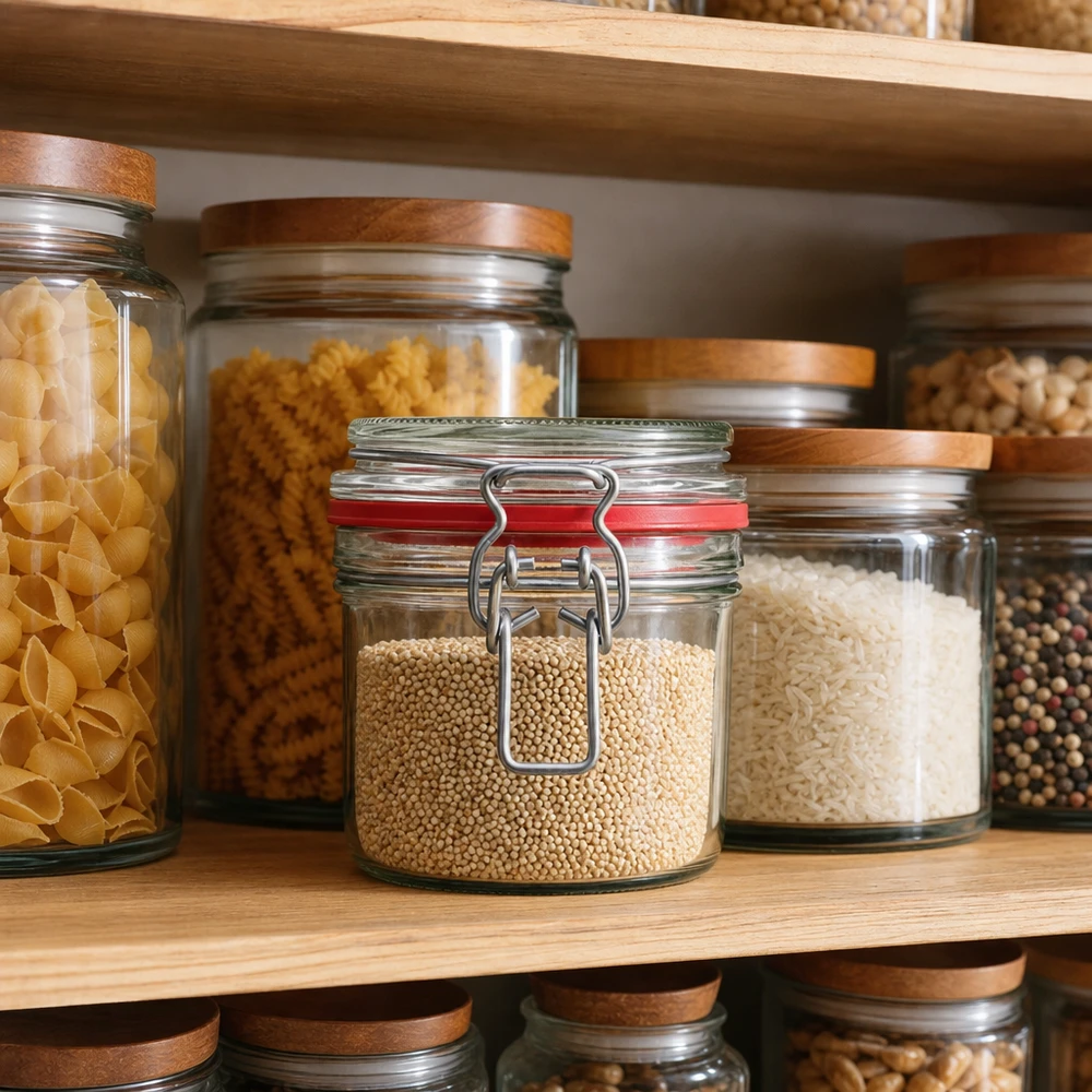 255ml Vorratsglas Typ G mit Bügelverschluss UN 255ml Vorratsglas mit Bügelverschluss in professioneller Pantry-Organisation für Gewerbebetriebe, gefüllt mit Getreide
