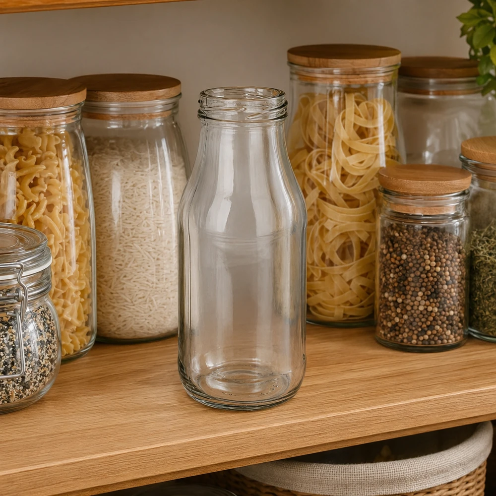 UNiTWIST Bottle263 Glasflasche 263ml TO43 leer transparent auf Holzregal neben Vorratsgläsern mit Pasta und Gewürzen