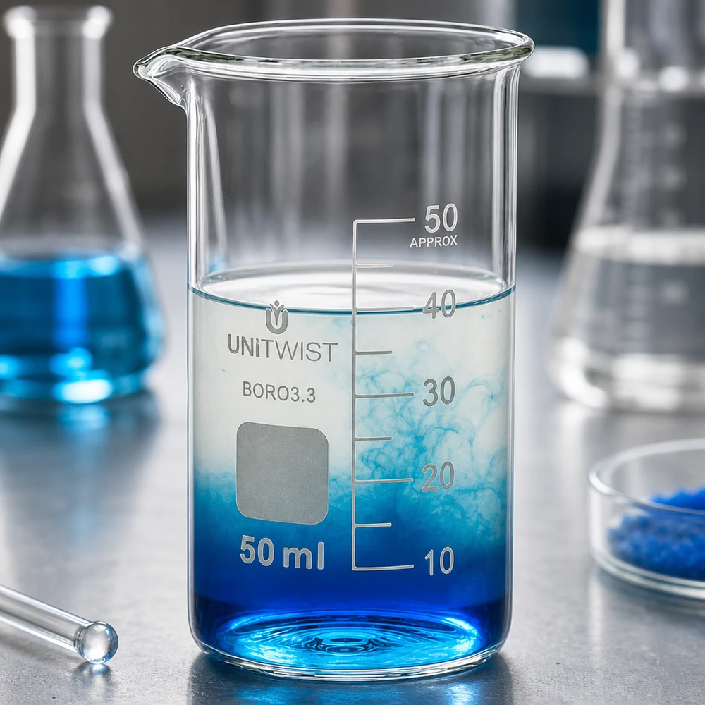 Becherglas 50ml Borosilikat hohe Form UNITWIST für Labor und Gewerbe mit blauer Lösung