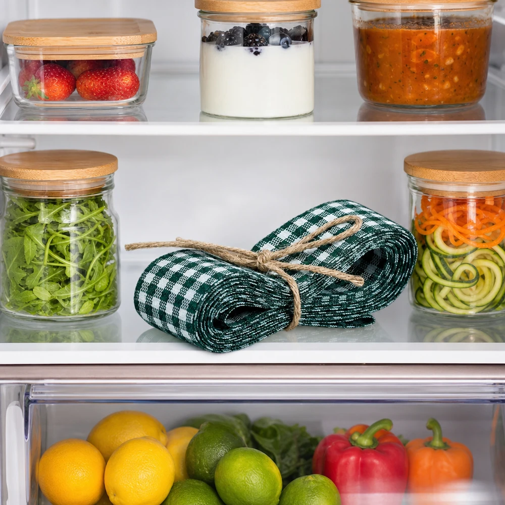 Grün-weißes Stoffband 300cm im Kühlschrank zwischen Vorratsgläsern als professionelle Gastro-Dekoration