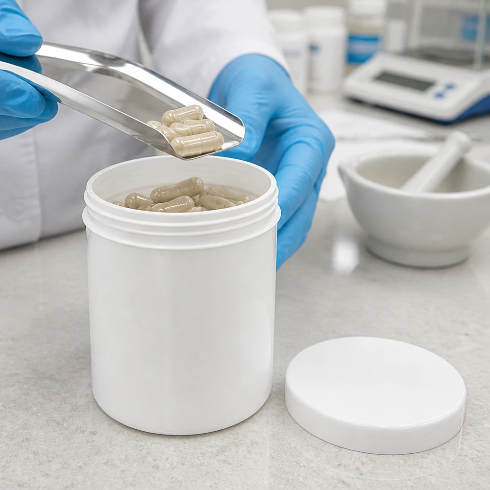 Weiße PP Salbenkruke 20ml mit Schraubdeckel für pharmazeutische und kosmetische Abfüllung im Labor