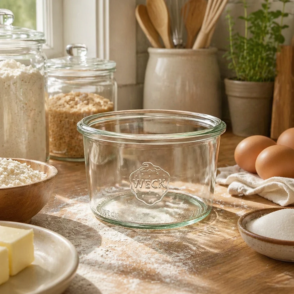 WECK Sturzglas 200ml RR80 aus Glas in rustikaler Küche mit Backzutaten und Küchenutensilien