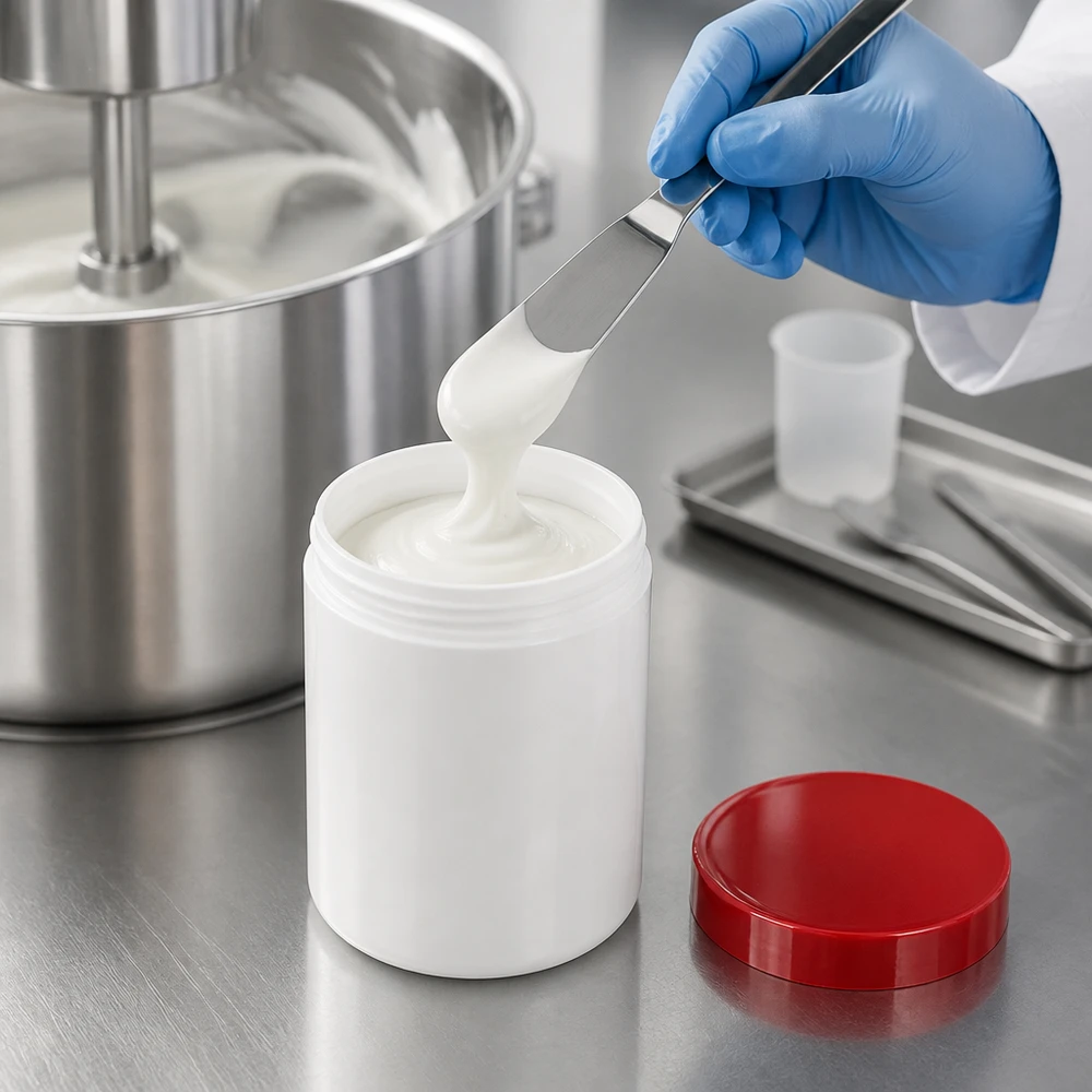 Salbenkruke 500g weiß mit rotem Schraubdeckel (Polypropylen) Salbenkruke 500g weiß PP mit rotem Schraubdeckel zur professionellen Abfüllung von Cremes und Salben