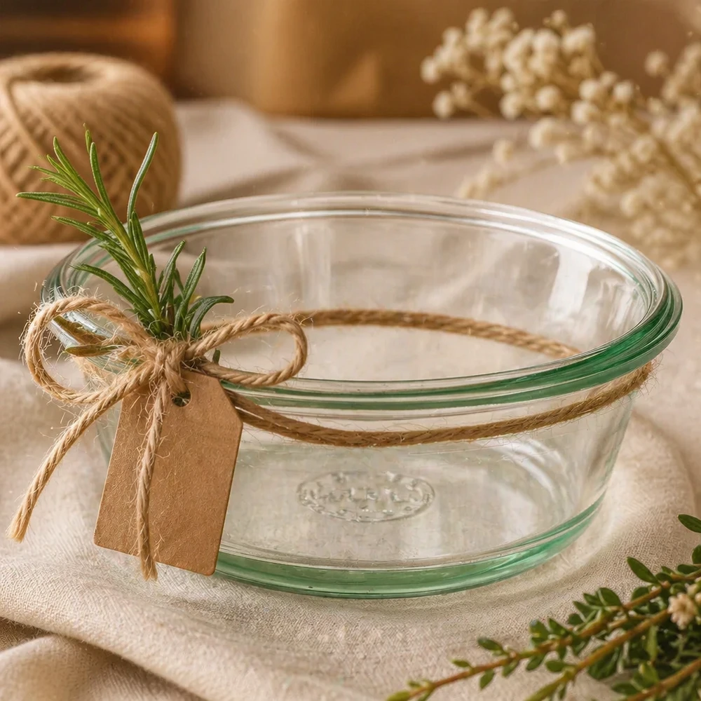 300ml Gourmetglas WECK RR120 WECK RR120 Gourmetglas 300ml dekorativ mit Juteschnur Kräutern und Geschenkanhänger als Geschenkidee inszeniert