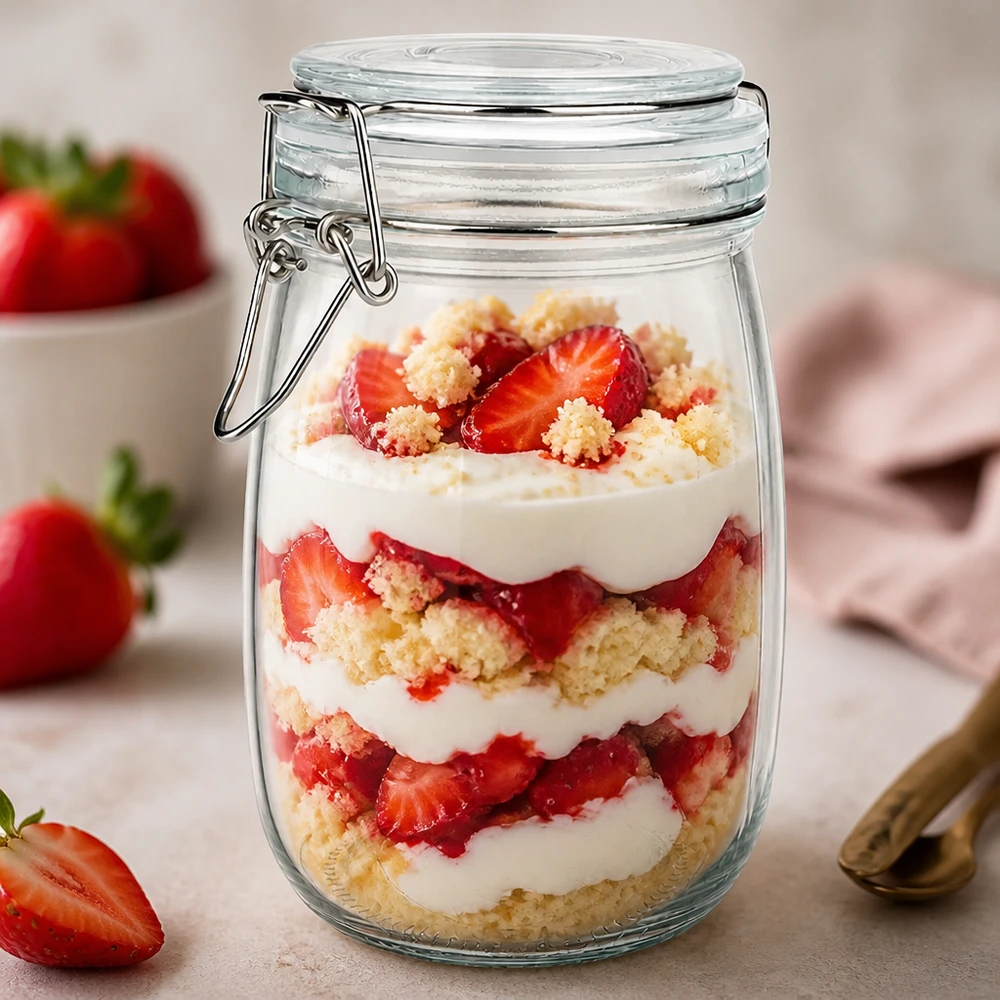1000ml Vorratsglas mit Silikonring und Bügelverschluss UNiTWIST 1000ml Vorratsglas mit Bügelverschluss für professionelle Gastronomie - Dessert-Präsentation mit Erdbeeren und Sahne