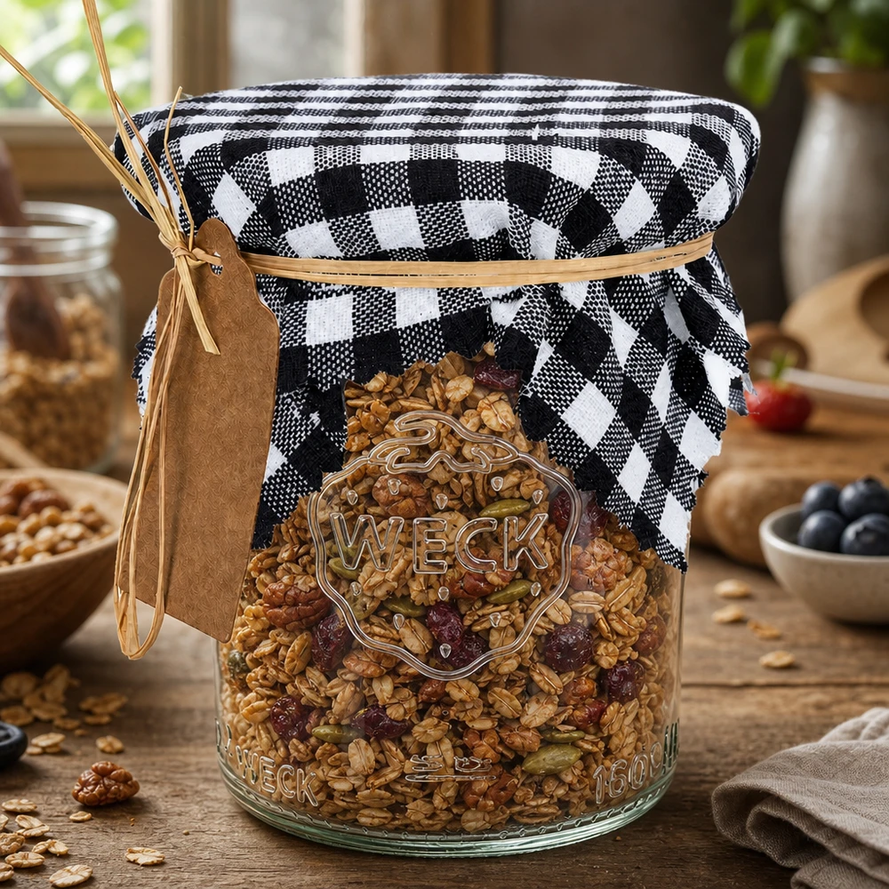 Schwarz-weiß kariertes Schmuckdeckchen auf Weckglas mit Müsli, rustikale Küchenaufbewahrung 12cm eckig